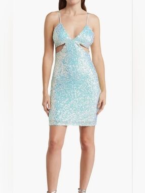 Junior's Aqua Blue Sequin V-Neck Side Cutout Mini Dress Size 9/10